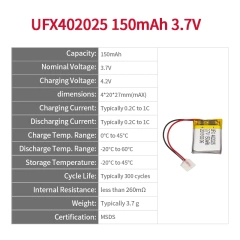 중국의 Li-po 전지 제조업체가 UFX 501525 150mAh 3.7V Li-po 배터리 팩을 미용 기기에 공급합니다
