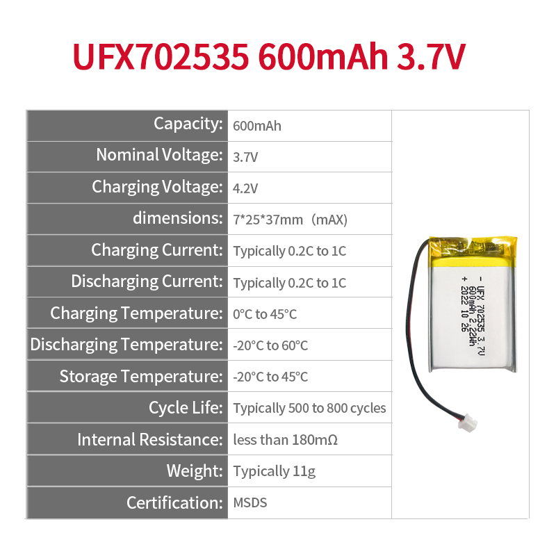 Chinese Lithium Battery Companies Wholesale UFX 702535 600mAh 3.7v Lipo Battery