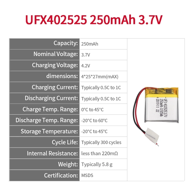 UFX 402525 250mAh 3.7V Smallest Rechargeable Battery