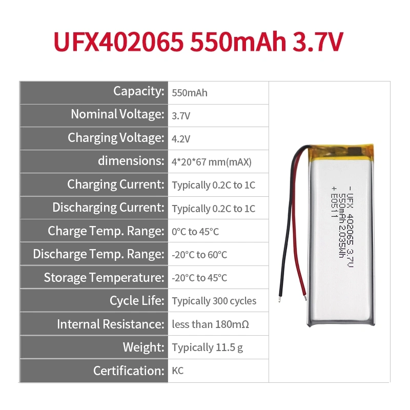 UFX 402065 550mAh 3.7V Rechargeable Batteries Lithium