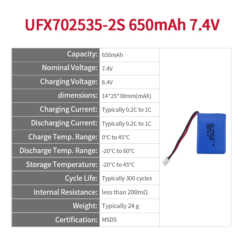 Lithium Battery Supply Chain Customized UFX 702535-2S 650mAh 7.4V Batteries