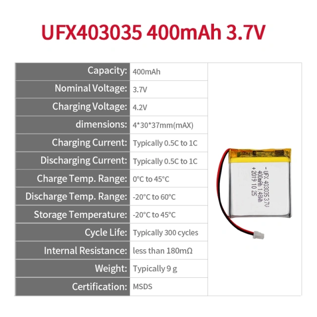 Chinese Battery Suppliers UFX 403035 400mAh 3.7V 400mAh Rechargeable Batteries