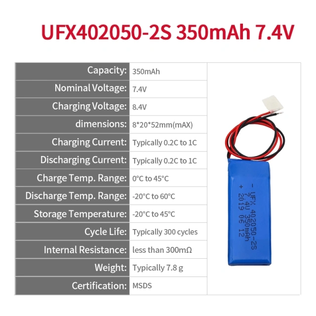 리튬 배터리 팩 공급업체 스마트 기타 전원 배터리 UFX 402050-2S 350mAh 7.4V