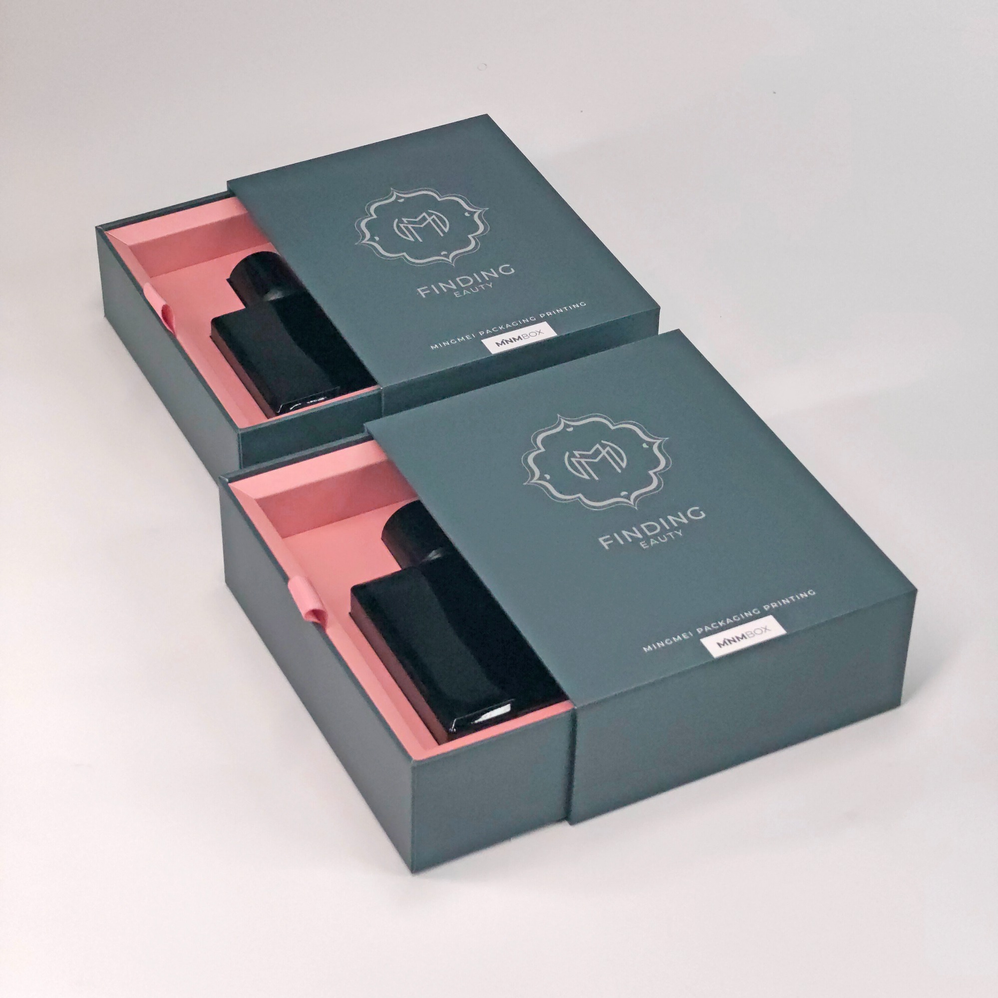 Custom Logo Luxury Dark Green Cardboard Drawer Printing boxes Perfume Empty Box With Ribbon Gift Box Packaging