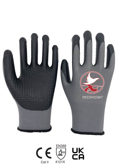 13 gauge polyester with nitrile FOAM palm coating gloves+ NITRILE DOTS