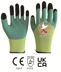 13 gauge polyester liner with latex foam palm coating+ reinforced fingers
