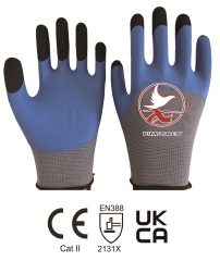13 gauge polyester liner with latex foam palm coating+ reinforced fingers