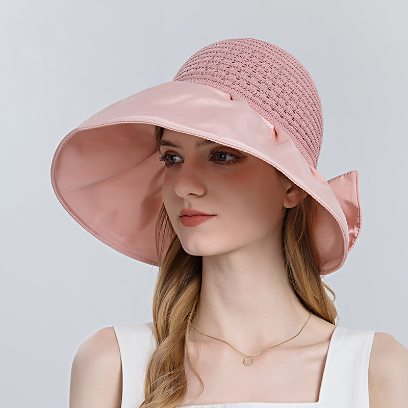 8127 bucket hat women's summer big brim bow knitted Air Top Hat sun-proof face cover travel sun hat