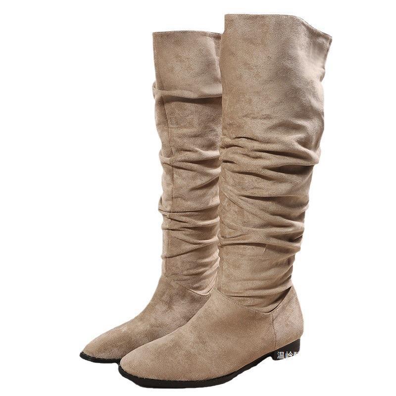 European and American Foreign Trade square heel pointed toe mid-calf length large size Knight boots women suede pleated pile style sleeve pointed boots ebay