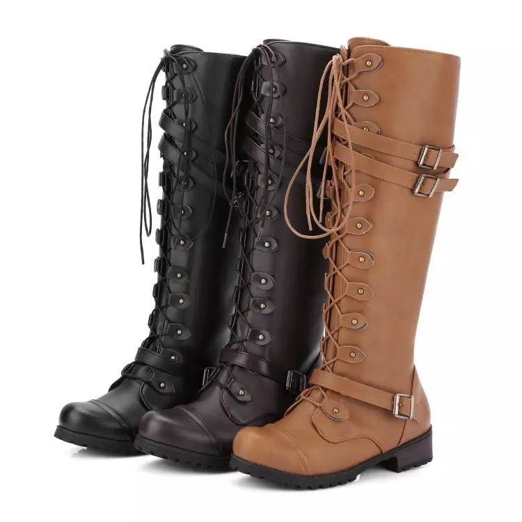 European and American Foreign trade leather boots round toe belt buckle flat long boots female autumn and winter New rivets lace-up tall Knight boots