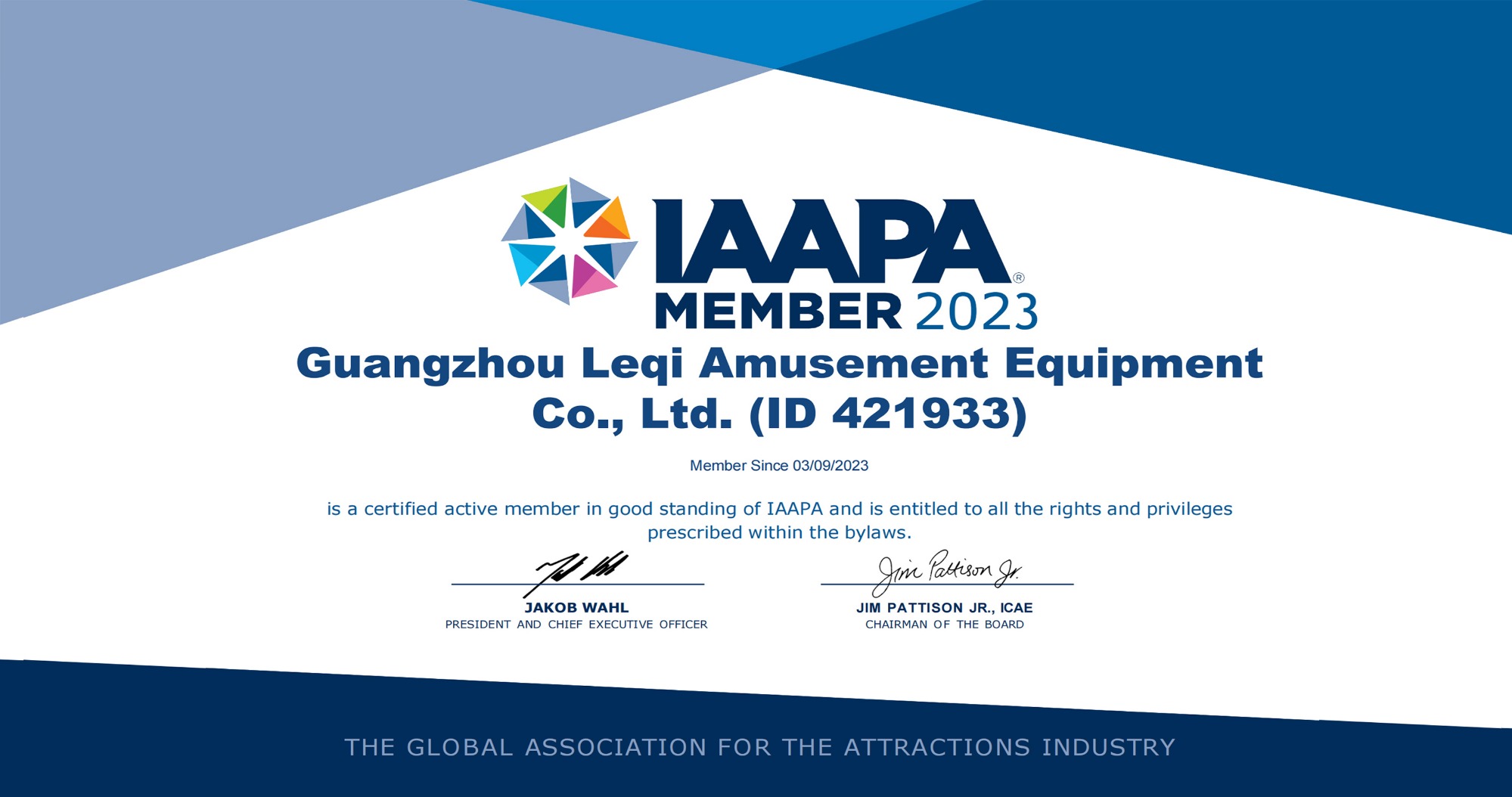 Guangzhou Leqi Amusement Equipment Co., LTD Obtained IAAPA Membership Certificate On 03/09/2023