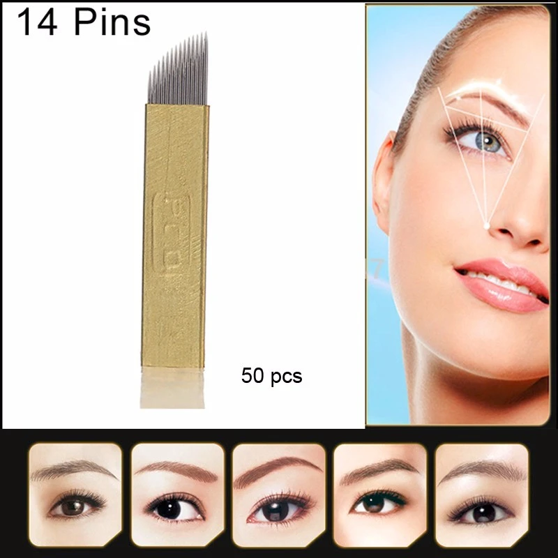 50pcs PCD 14 Needles Bevel Permanent Makeup Eyebrow Blade