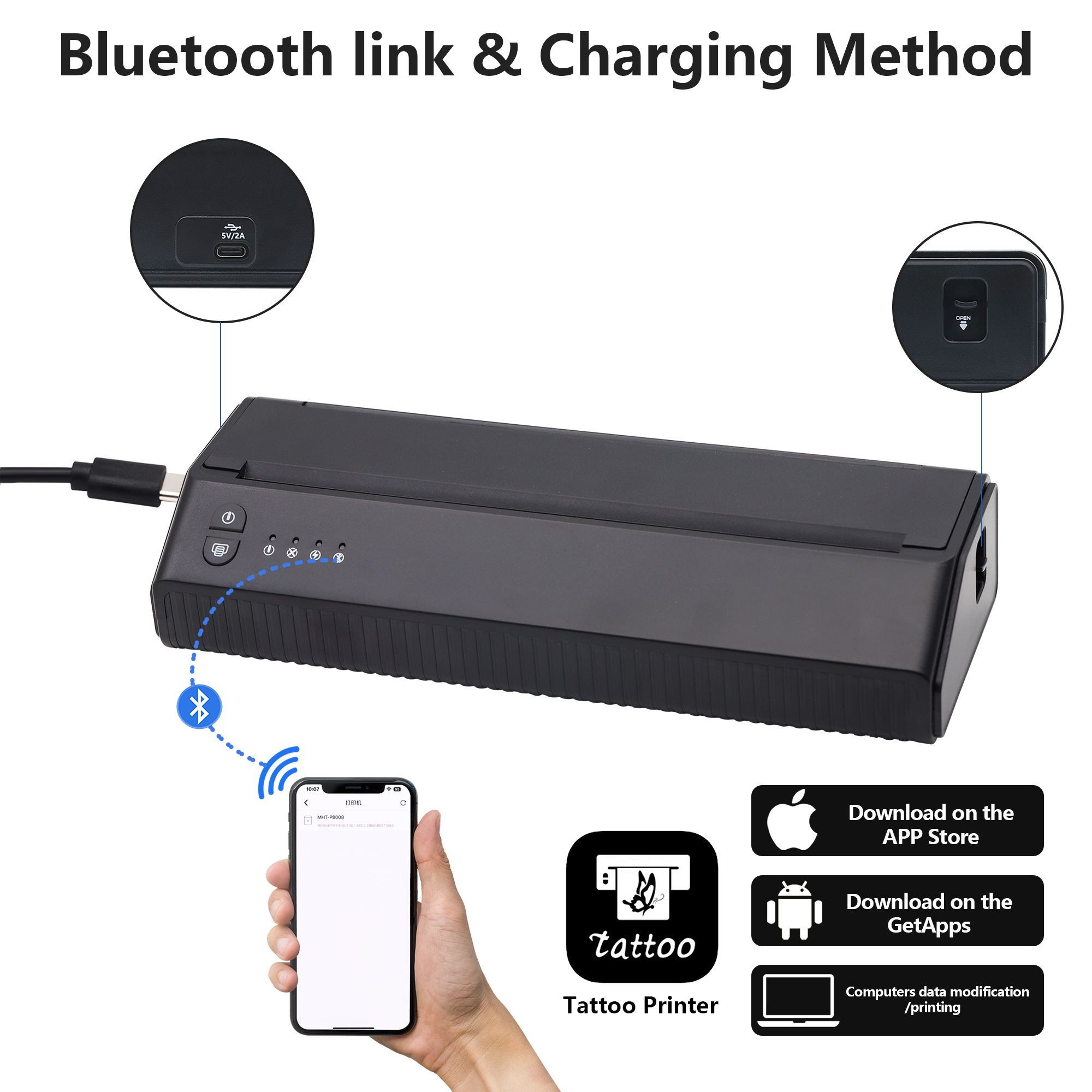Wireless Bluetooth Connection Tattoo Printer Tattoo Stencil Transfer Printer Machine Portable Thermal Stencil Maker Line Photo Drawing Printing Copier Tattoo Supply