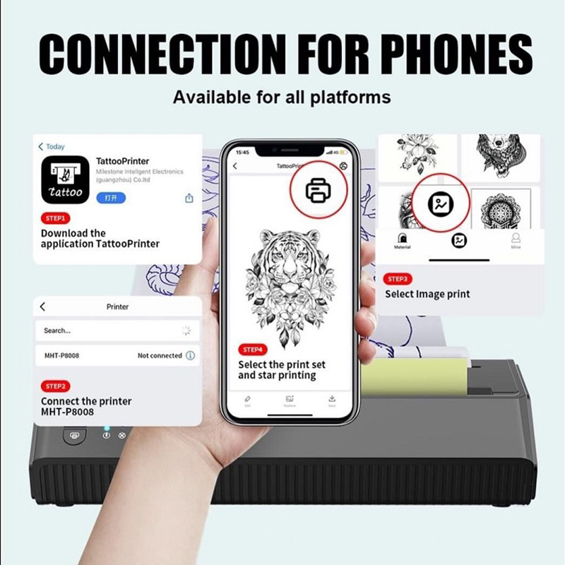 Wireless Bluetooth Connection Tattoo Printer Tattoo Stencil Transfer Printer Machine Portable Thermal Stencil Maker Line Photo Drawing Printing Copier Tattoo Supply
