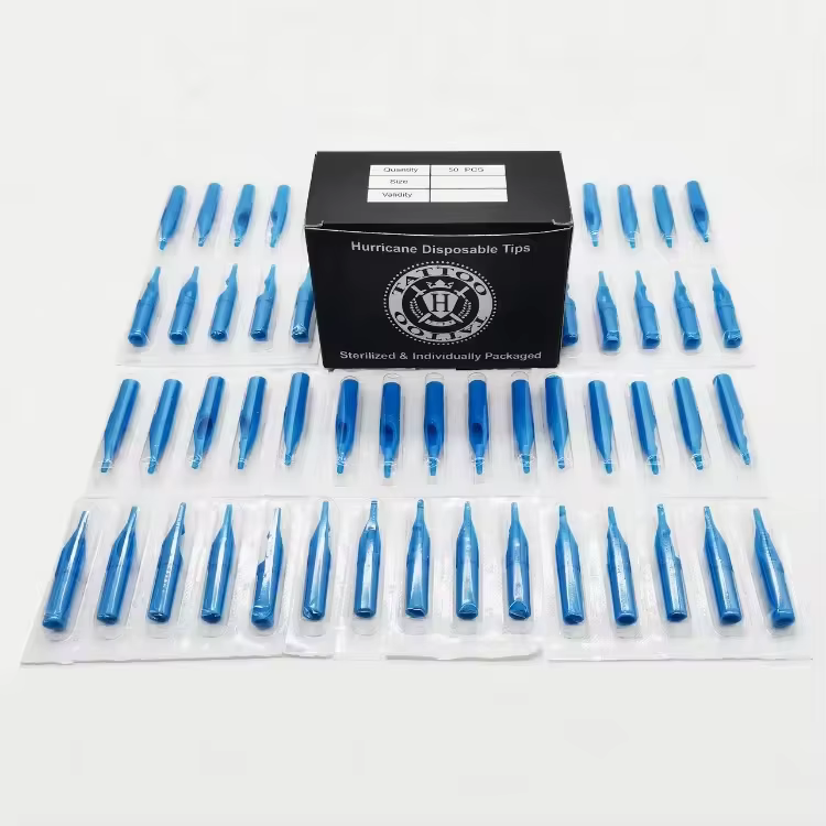 50pcs/box Hurricane Sterilized Tips Blue 50MM With Grip Stop Sterilized for Tattoo Needle Tube Tattoo Tip Compatible with All Common Tattoo Needles Tattoo Machines