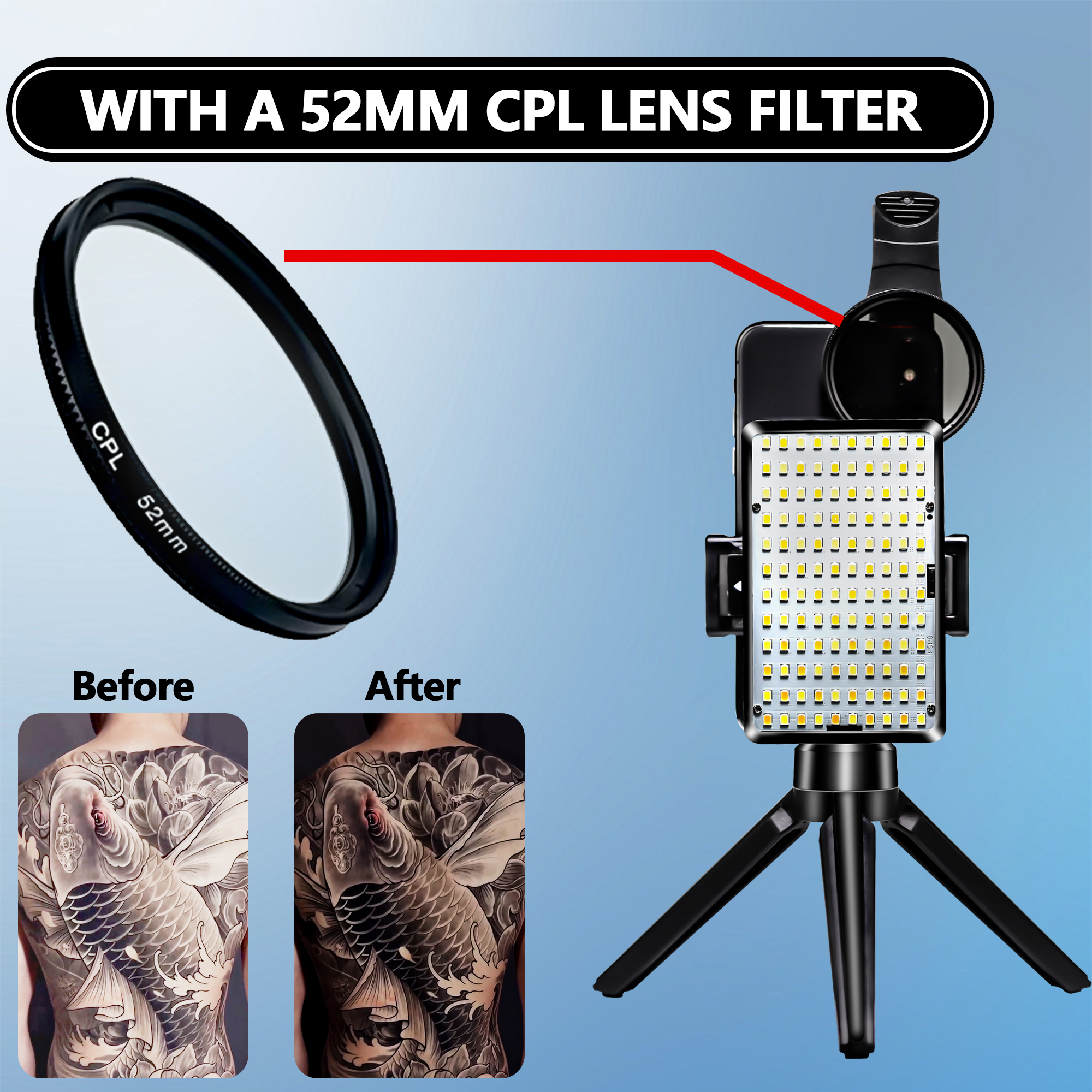 GEN 3 Reduce Reflected Fill Light Tattoo Photography Kit 120pcs Led Beads With 52mm CPL For Cellphone Lens Circular Polarizing Filter Compatible Most of Phones
