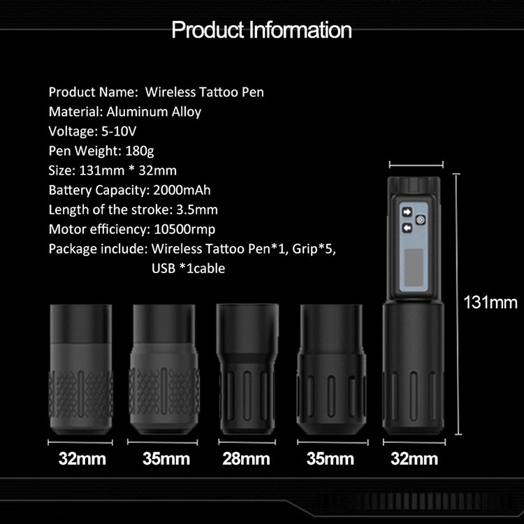 LCD Digital Wireless Tattoo Pen Machine with 2000mAh Wireless Battery 5 Grips High Capacity Battery 7 Colors Body Art Tattoo Machine Made for Tattoo Artists