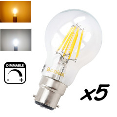 Dimmable B22 LED Filament Edison Retro Bulb 4W 8W 220V Bayonet Base LED B22 A60/A19 Clear Glass Cover Ceilling Fan Bulb-Pack of 5