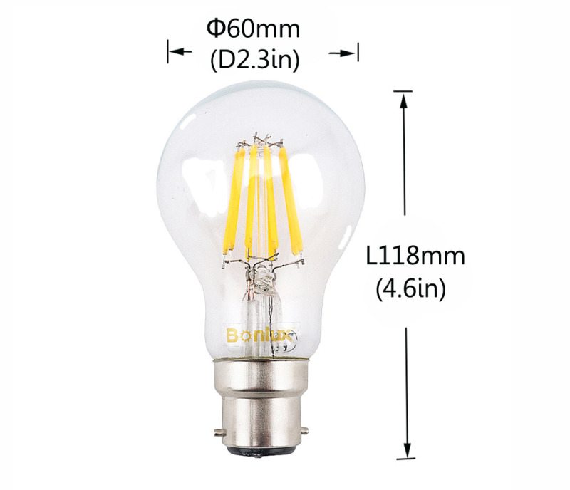 4W 8W 220V LED B22 Dimmable Filament Light Bulbs A60/A19 Bayonet Base B22 Clear Glass Cover Retro Edison Bulb for Home Using