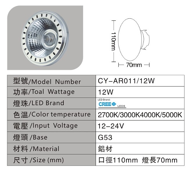Bonlux LED AR111 G53 12W AC 12-24V Light Bulb CREE COB Chip Led G53 Spotlight Bulb Recessed Ceiling Downlight Track Lighting Fixture
