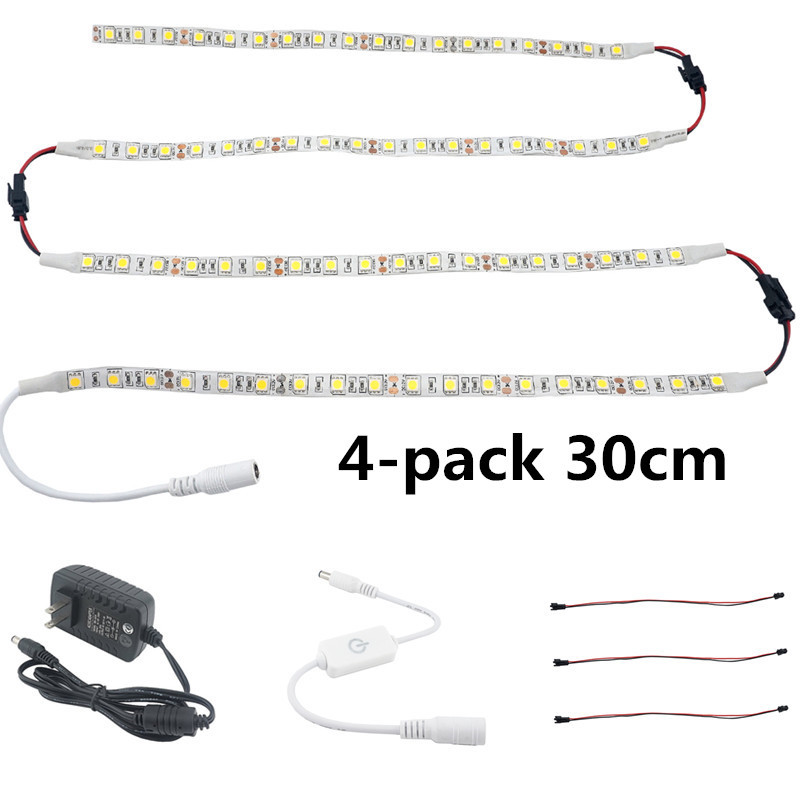 4 x 30CM Plug In LED Under Kitchen Cupboard Cabinet Strip Lights Kit 17W DC 12V Dimmable LED Flexible Strip Lighting for Showcase Wardrobe Lighting