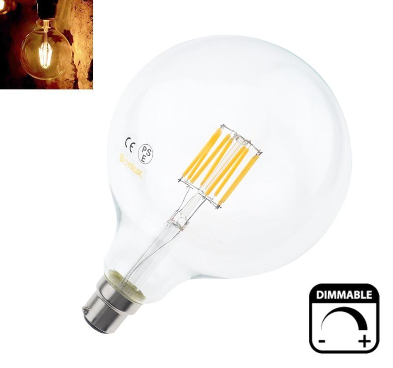 8W G125 B22 LED Filament Glass Globe 125mm BC Bayonet LED Retro Edison Filament Globe Bulb 75 Watt Incandescent Equivalent [Energy Class A++]