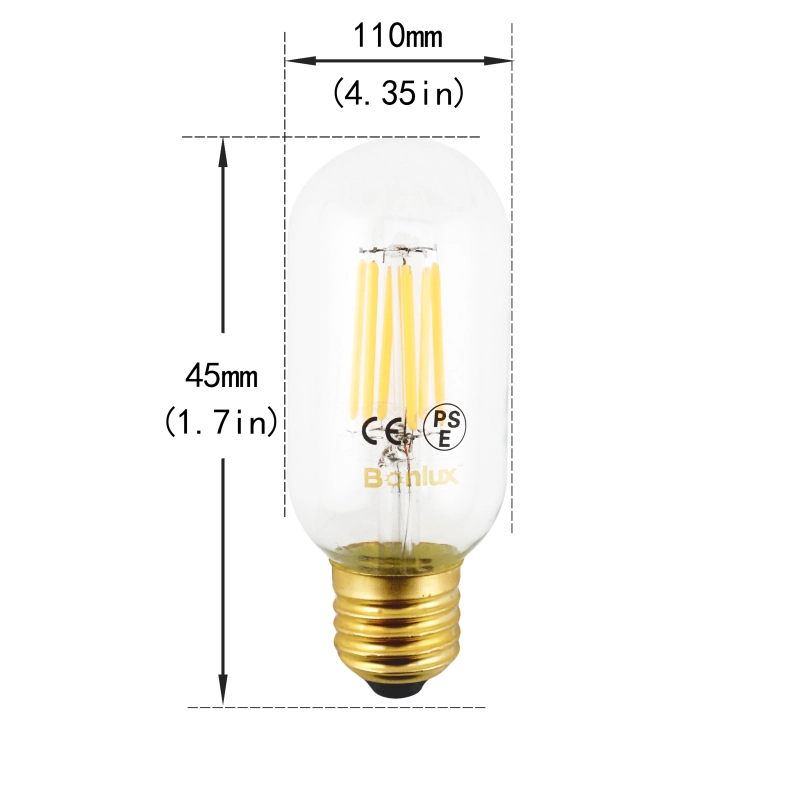 6W LED Vintage Edison T14 Tubular Filament Bulb 110/220V Medium E26 Base Clear Glass LED T45 Decorative Light 60W Incandescent Replacement (Pack of 4)