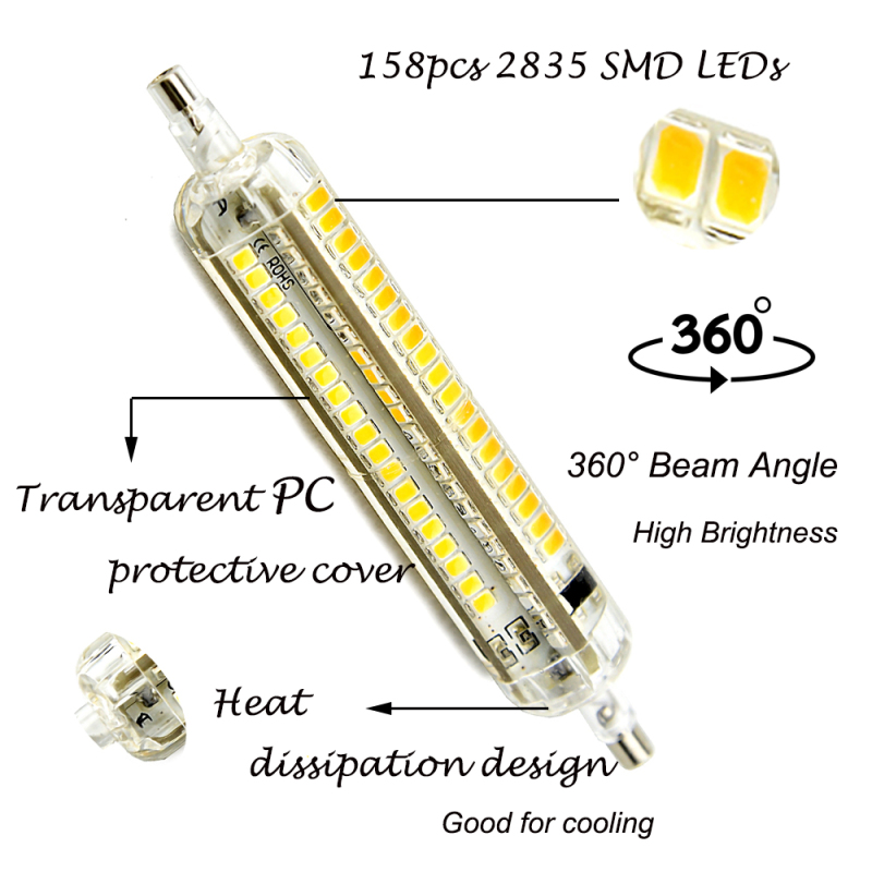 3 Way Dimmable J118 R7S Base LED Light Bulbs 10/5/2.5W R7S 118mm(4.65&quot;) LED Floodlight Lamps 100/50/25W Halogen Replacement Lighting (2-Pack)