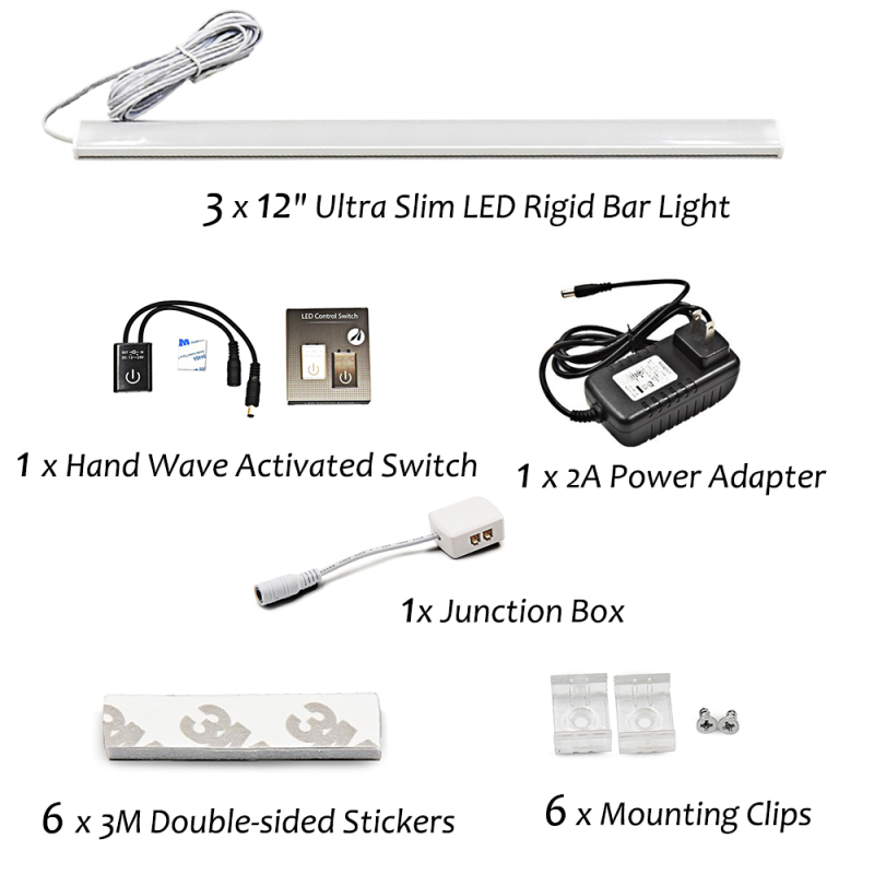 18W Linkable Under Kitchen Cabinet LED Lamps 12 Inches Hand Wave Activated Under-cabinet Lighting Strip Lights for Jewelry Case Bookcases Closet