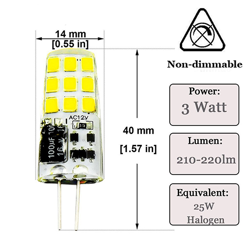 3 Watt AC/DC 12V G4 LED Light Bulb 25 Watt Halogen Bulbs Equivalent, Bi-Pin Base T3 JC Type G4 Lamp Silicone Coated LED Lights (4-Pack)