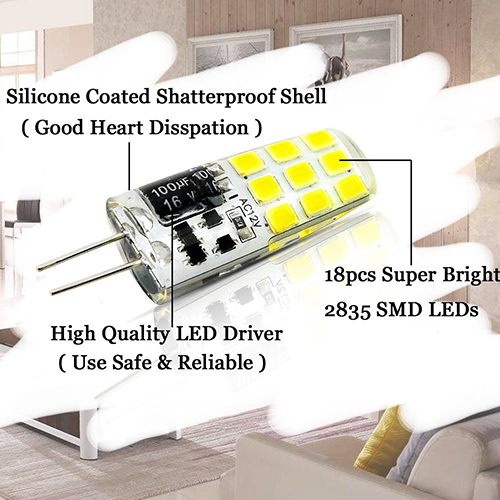 3 Watt AC/DC 12V G4 LED Light Bulb 25 Watt Halogen Bulbs Equivalent, Bi-Pin Base T3 JC Type G4 Lamp Silicone Coated LED Lights (4-Pack)