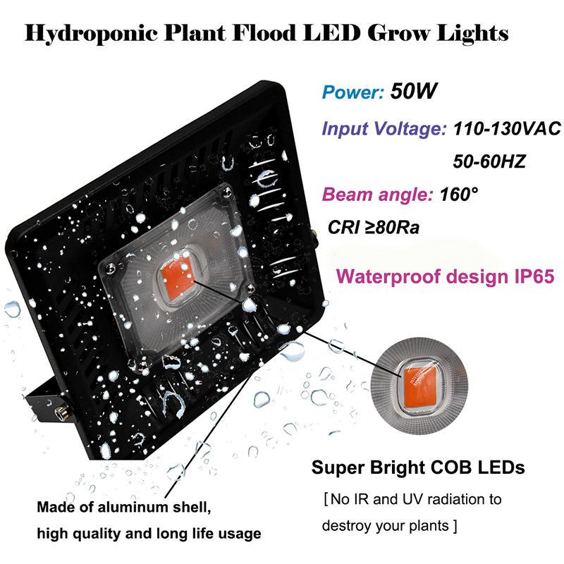 50W Hydroponic Plant Flood LED Grow Lights Waterproof LED Plant Light Lamp for Hydroponics System/Greenhouse/Garden (With Standard US Power Plug)