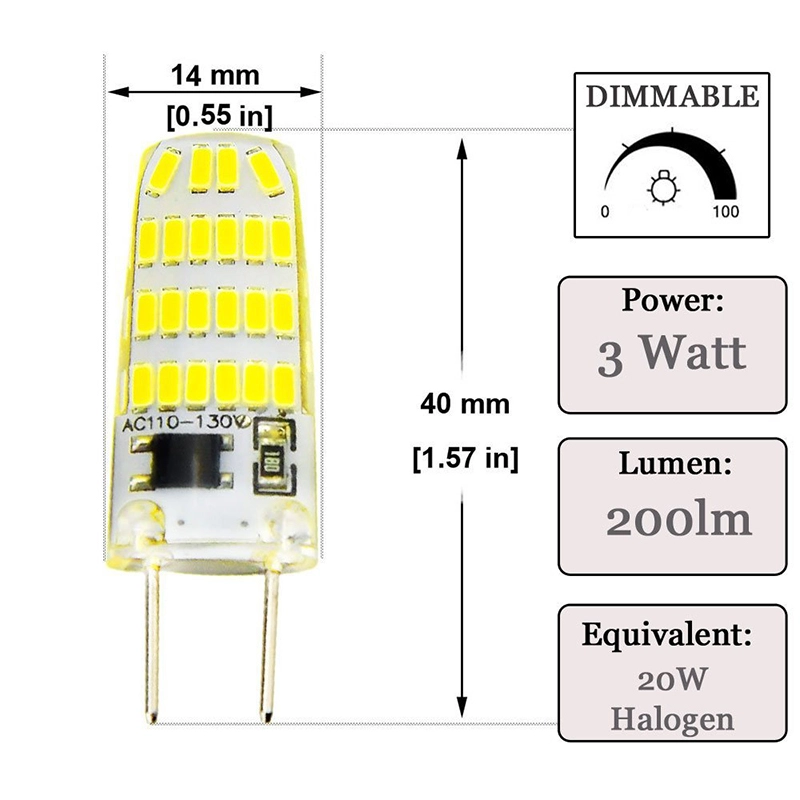 Silicone 3 Watt G8 Dimmable LED Bulb 20W Halogen Replacement Light Warm White AC110-130V Under Cabinet Bi-Pin Base Recessed Lamp (Pack of 4)