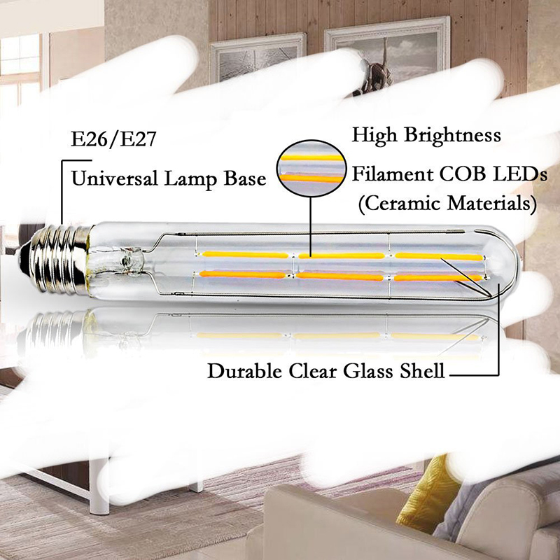 Dimmable 6 Watt LED T10 Tubular Light 60 Watt Incandescent Equivalent E26 Edison Vintage Filament Tube Lamp Medium Base Clear Glass Bulb (3-Pack)