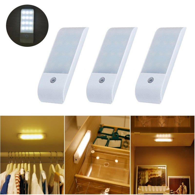 Rechargeable LED Motion Sensor Closet Lights Portable Wireless Night Light with Magnetic Strip DIY Stick-on Anywhere for Cabinet Wardrobe (Pack of 3)