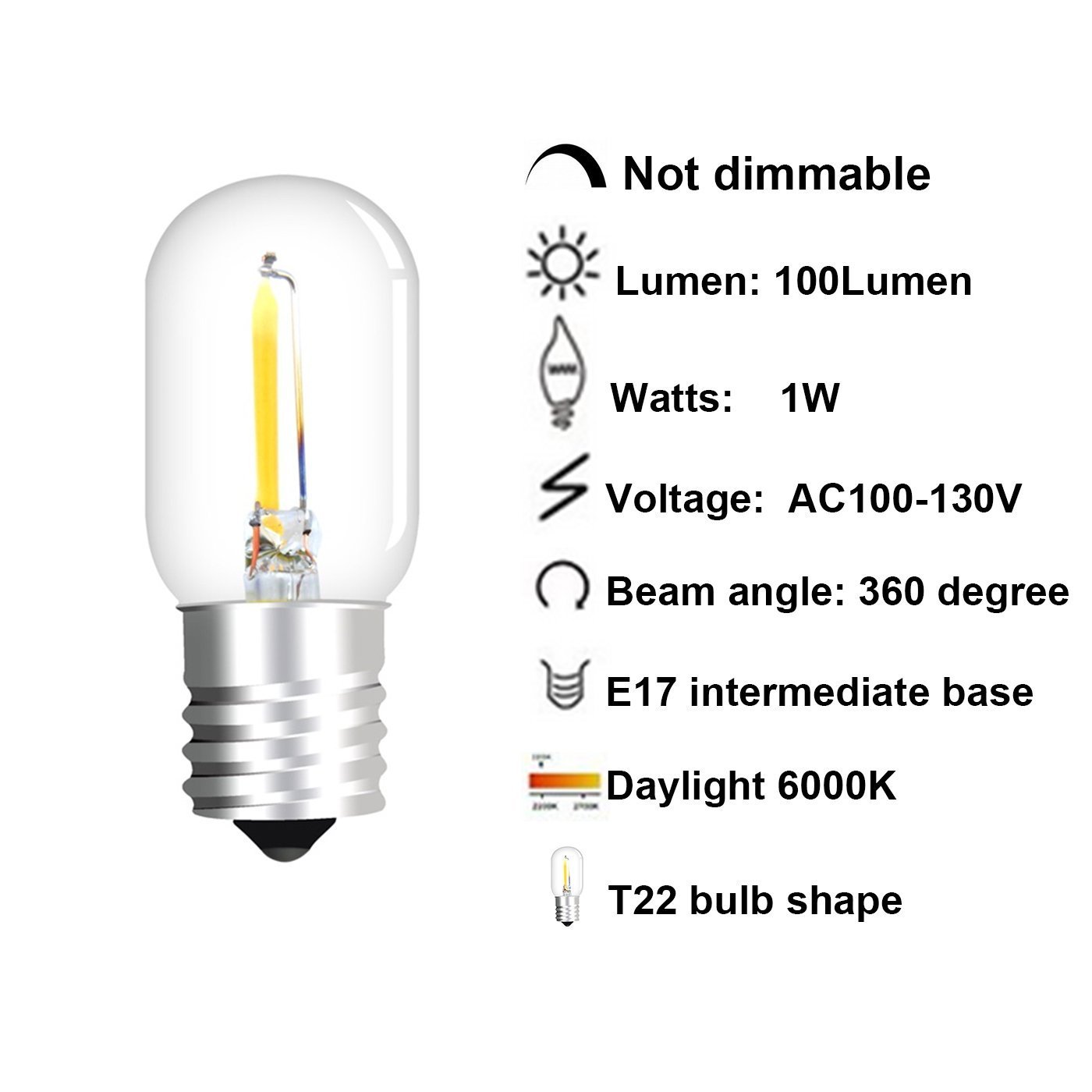 1W E17 T22 LED Edison Filament Bulb 10W Replacement Light, Intermediate Base LED Microwave Oven Appliance Light
