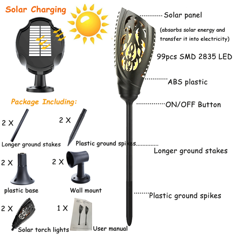 Solar Torch Lights LED Dancing Flames Outdoor Lights Dusk to Dawn Auto On/Off Waterproof Flickering Tiki Torches Lamp Wireless Solar Wall Lighting