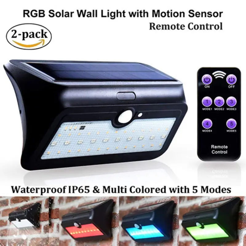 Solar Powered RGB Wall Lights PIR Motion Sensor, Multi Coloured with 5 Modes, 39 LED Chips Solar Security Lights Outdoor Wireless Waterproof (2-pack)