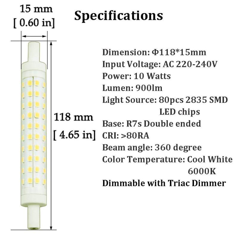 10W R7s 118mm LED Bulb Dimmable, 90W-100W R7s J118 230v Linear Halogen Bulb Replacement, Double-ended R7s Socket Reflector Bulb  (2 Packs)