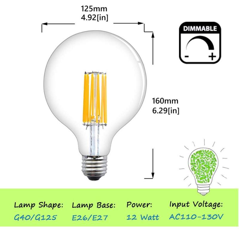 G40/G125 LED Dimmable Edison Vintage Filament Bulb 12W E26/E27 Base Long COB Filament LED Clear Glass Globe Light 130W Incandescent Equivalent