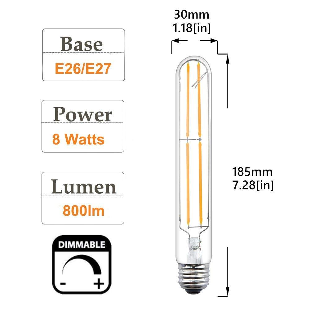 Dimmable T10 LED Filament Light Bulbs 8 Watts T10 LED Tubular Bulb 120V LED Tube Bulb Medium E26 Base 80 Watt Incandescent Equivalent (3-Pack)
