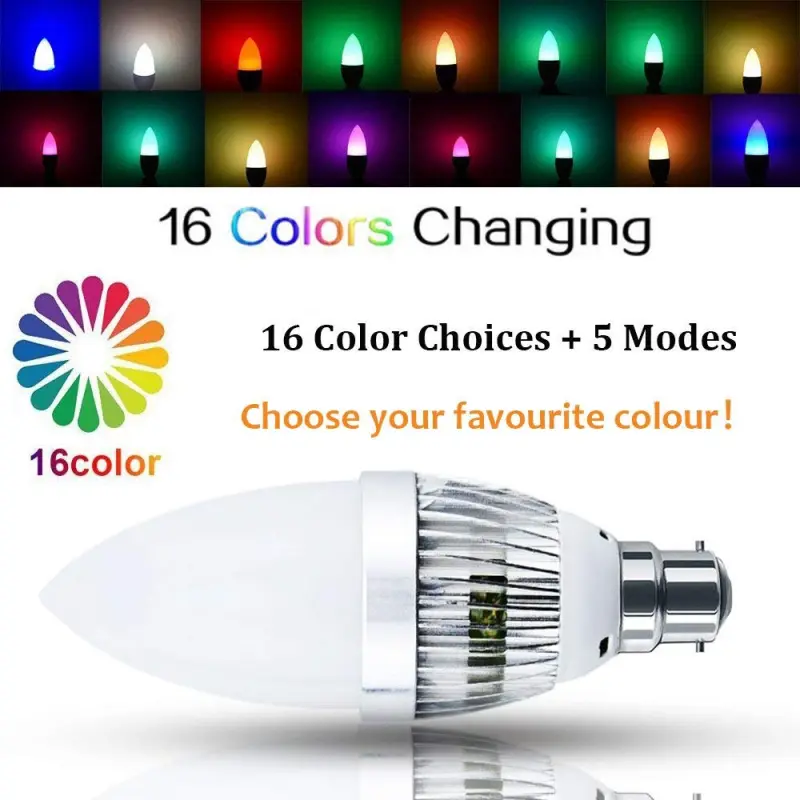 RGB Colour Changing LED Light Bulb B22 Bayonet Dimmable with IR Remote Controller 16 Multi Coloured Changing LED Light Bulb Candle Bulb(2-pack)