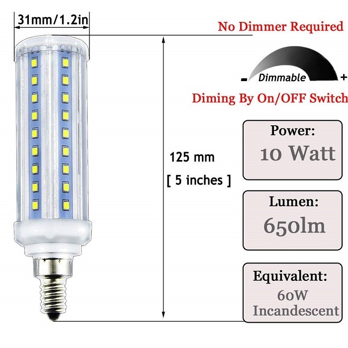 3-Way Dimmable T10 LED Candelabra Base LED Bulbs 10 Watt E12 Led Light Bulb Daylight 60W Equivalent Tubular Candle Corn Bulb