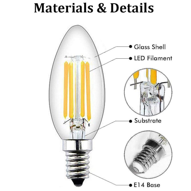 E14 LED Candle Bulbs Dimmable Small Edison Screw 4W, LED Filament Candle Light Bulbs E14 SES Vintage LED Light Bulbs Halogen Bulbs 35W-40W Replacement