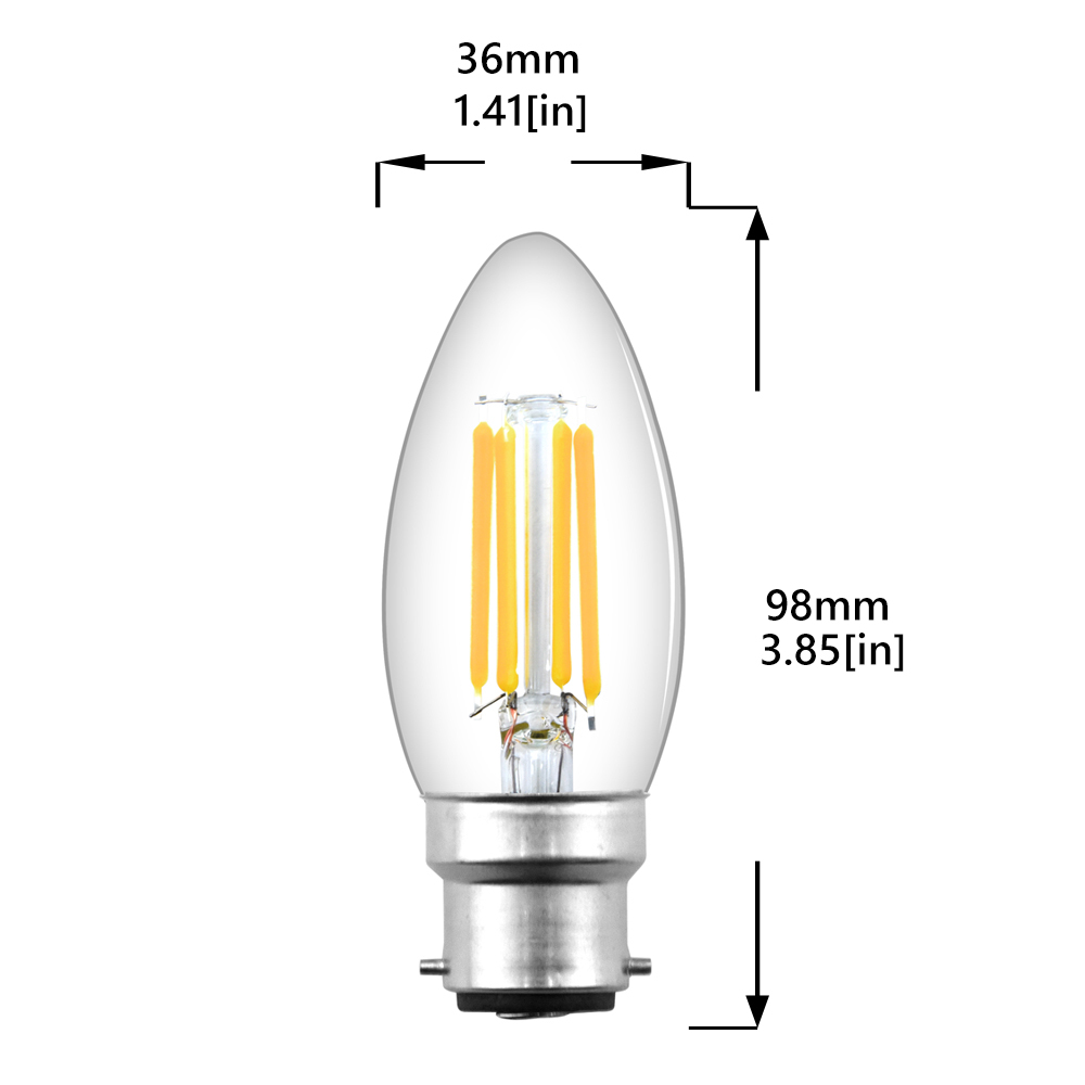B22 LED Filament Candle Light Bulb C35 BC Bayonet Cap 4W 400LM Classic Style Bulbs Replace 35-40 W Incandescent Bulb Dimmable for Chandelier Lamp
