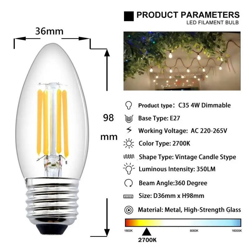 E27 LED Dimmable Candle Filament Light Bulb C35 Edison Screw 4W 400 LM Glass Vintage Bulbs for 35-40W Halogen Bulb Replacement  (5-Pack)