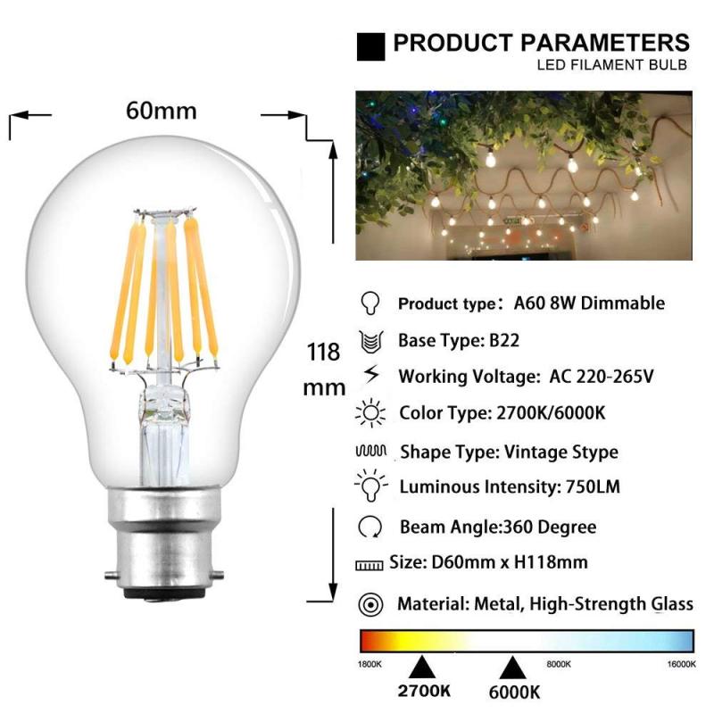 B22 LED Filament Bulb 8W 750lm ES A60 Globe Edison Screw LED Light Bulb 70W Equivalent Dimmable Low Energy Bulbs (4-Pack)