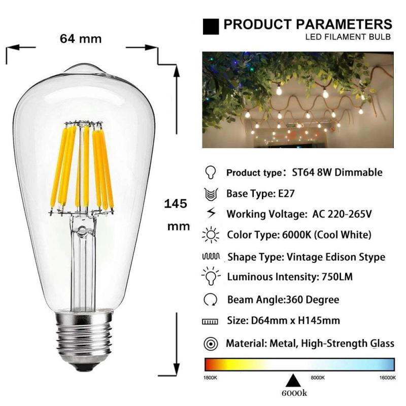 8W ST64 E27 LED Dimmable Filament Bulb Squirrel Cage Vintage Light Antique Style Edison Bulb 70W Incandescent Equivalent (3-Pack)