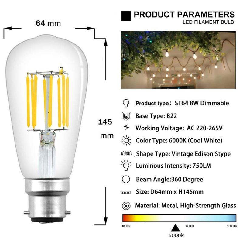 8W ST64 B22 LED Dimmable Filament Bulb Squirrel Cage Vintage Light Antique Style Edison Bulb 70W Incandescent Equivalent (3-Pack)