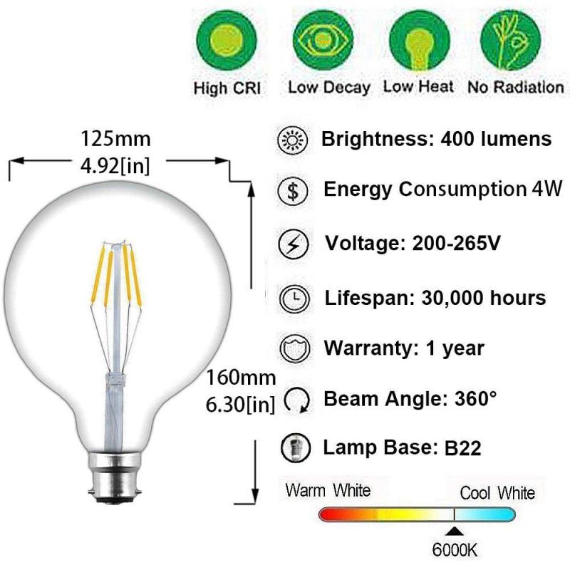 Vintage Edison Light Bulbs B22 Bayonet 4W Dimmable Decorative LED Light Bulbs  Globe Light Bulbs Dimmable G125 Incandescent Light Bulb 40W Replacement